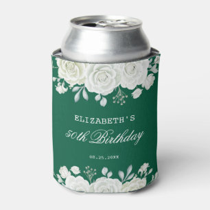 Chic Green Pastel White Rose Greenery Birthday Can Cooler