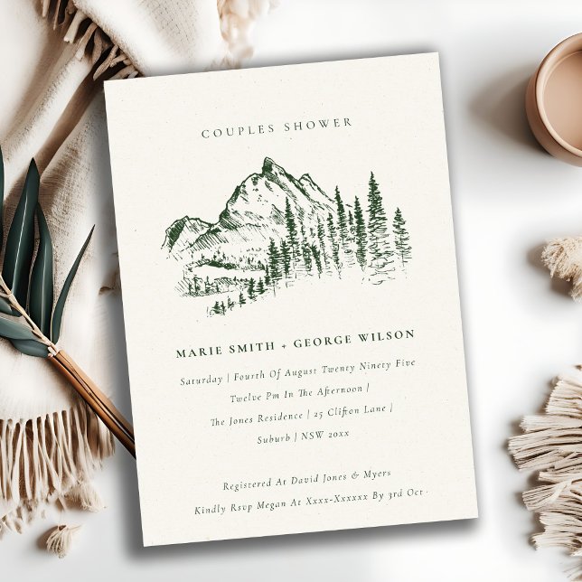 Chic Green Pine Mountain Sketch Couples Shower Invitation (Creator Uploaded)
