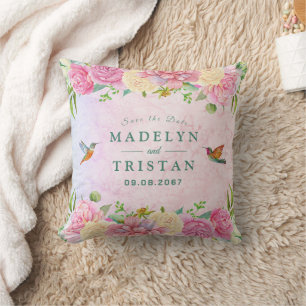 Chic Green & Pink Delicate Watercolor Floral Cushion