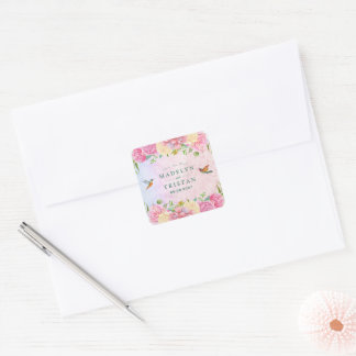  Chic Green & Pink Delicate Watercolor Floral Square Sticker