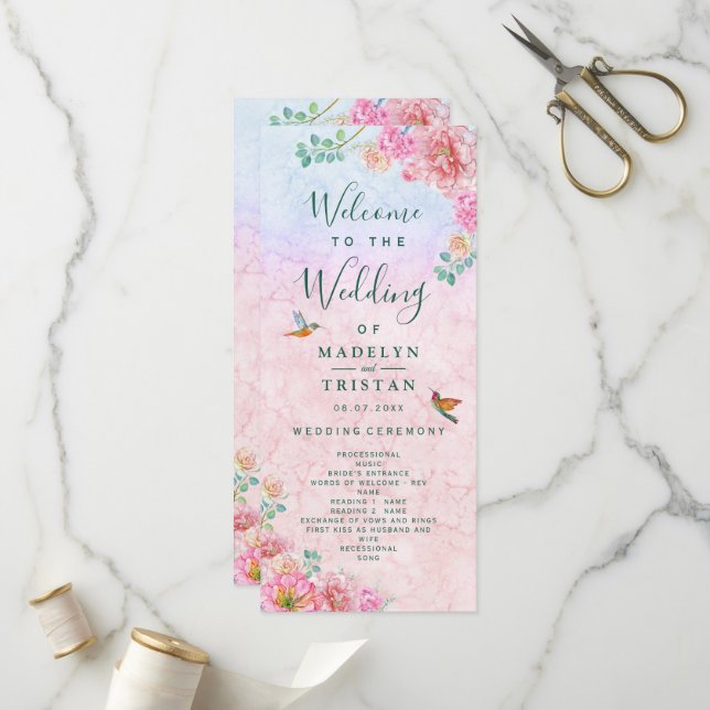  Chic Green & Pink Delicate Watercolor wedding Programme (Front/Back In Situ)