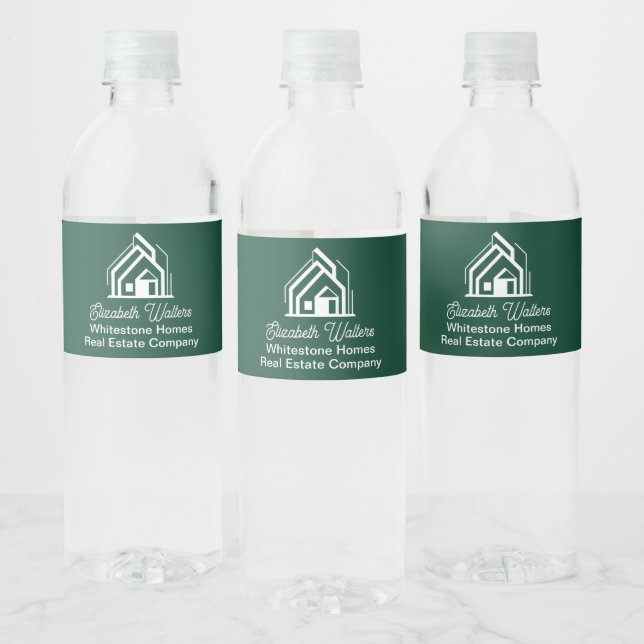 Chic Green Real Estate Company Custom Realtor Water Bottle Label (Bottles)