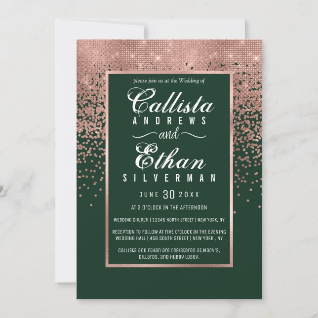 Chic Green Rose Gold Glitter Confetti Wedding Invitation (Front)