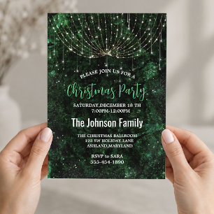 Chic green silver faux glitter Christmas lights Invitation