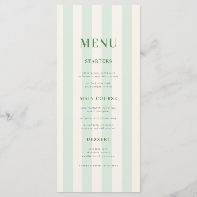 Chic Green Stripes Timeless Vintage Ivory  Menu (Front)