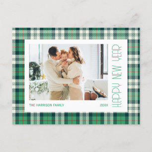 Chic Green Tartan Plaid Happy New Year Photo Postcard
