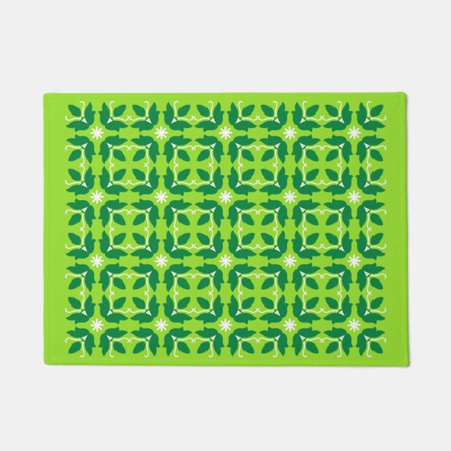 Chic Green Tile Flowers Pattern Small Door Mat (Front)