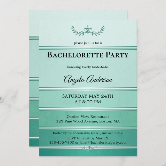 Chic Green Tone on Tone Striped Bachelorette Invitation (Front/Back)