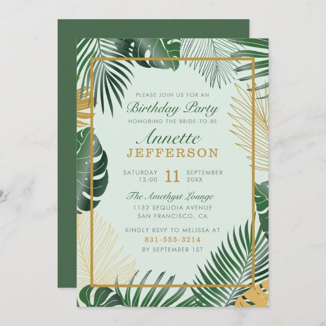 Chic Green Tropical Leaves Trendy Birthday Party Invitation (Front/Back)