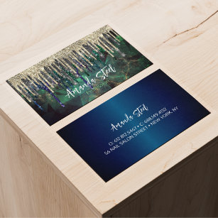 Chic green turquoise gold glitter drips monogram business card