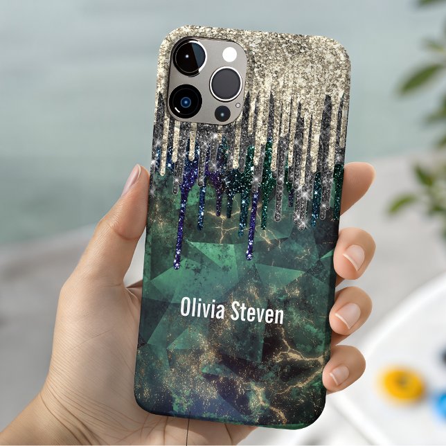 Chic green turquoise gold glitter drips monogram Case-Mate iPhone case (Creator Uploaded)