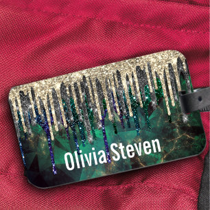 Chic green turquoise gold glitter drips monogram luggage tag