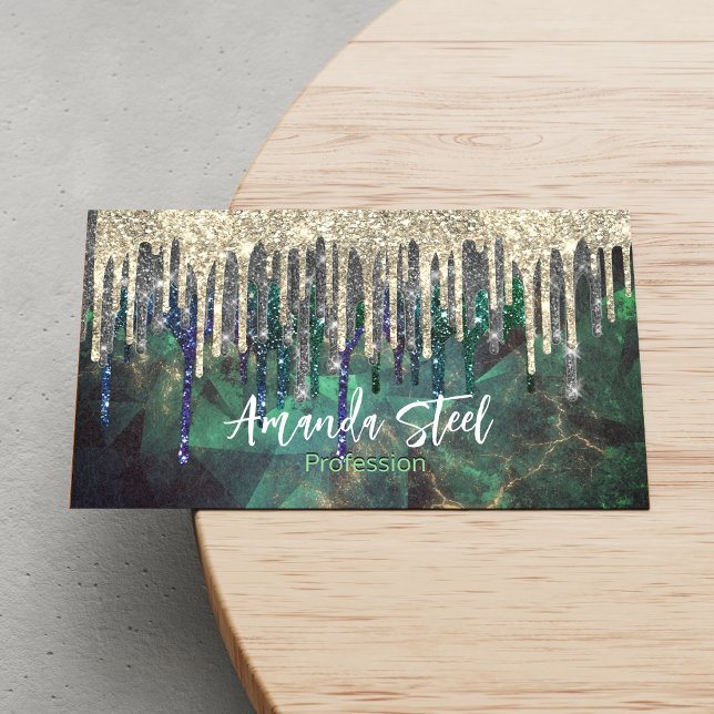 Chic green turquoise gold glitter drips monogram magnetic business card (Creator Uploaded)