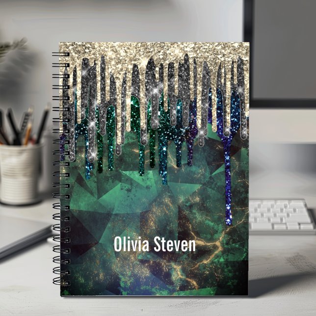 Chic green turquoise gold glitter drips monogram notebook (Creator Uploaded)