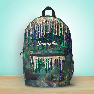 Chic green turquoise gold glitter drips monogram  printed backpack