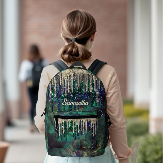 Chic green turquoise gold glitter drips monogram  printed backpack (Creator Uploaded)