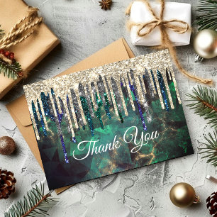 Chic green turquoise gold glitter drips thank you card