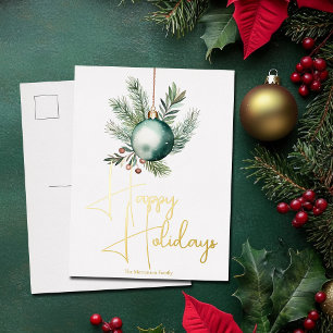 Chic Green Watercolor Christmas Ornament Gold Foil Holiday Postcard