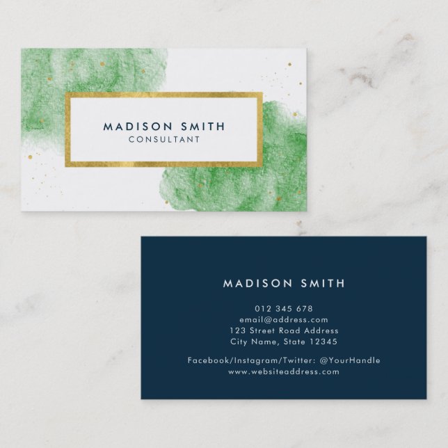 Chic Green Watercolor Faux Gold Business Card (Front/Back)