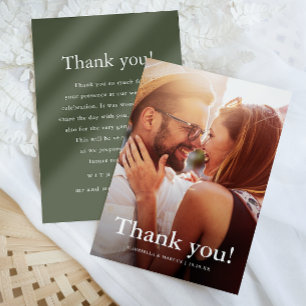 Chic Green Wedding Photo with Thank You Message Card