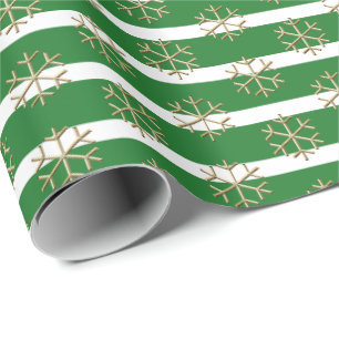 Chic green white gold stripes and snowflakes wrapping paper