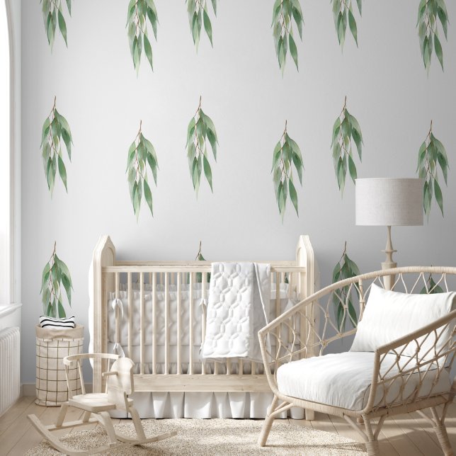 Chic Green White Natural Eucalyptus Leaves Wallpaper (Kids)