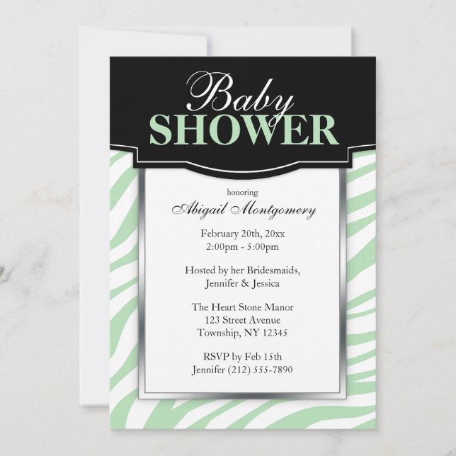 Chic Green Zebra Print Baby Shower Invitations (Front)