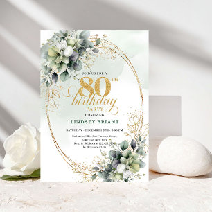 Chic Greenery and Gold 80th Birthday Invitation
