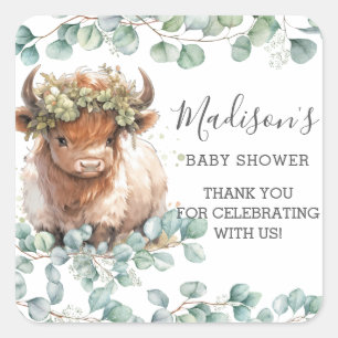 Chic Greenery Cute Highland Cow Thank You Favor Square Sticker