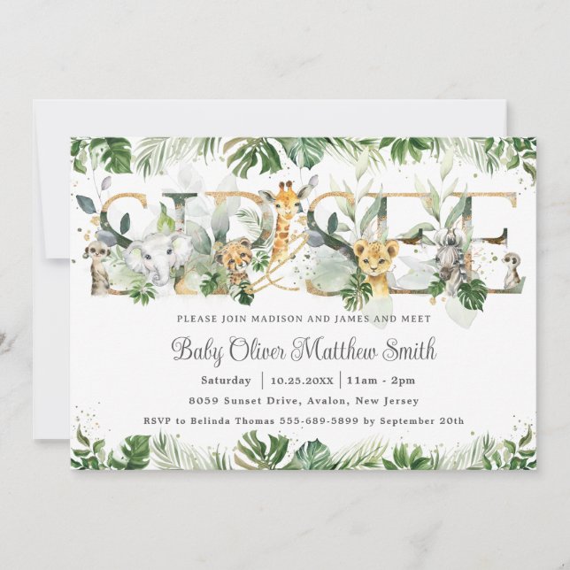 Chic Greenery Cute Jungle Animals Baby Sip and See Invitation (Front)