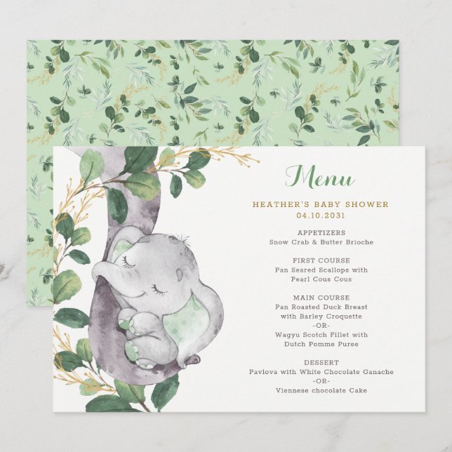 Chic Greenery Elephant Gender Neutral Baby Shower Menu (Front/Back)