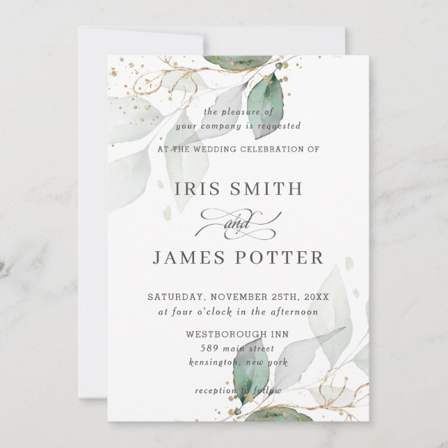 Chic Greenery Foliage Gold Calligraphy Wedding Invitation (Front)