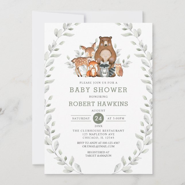Chic Greenery Forest Woodland Animals Baby Shower Invitation (Front)