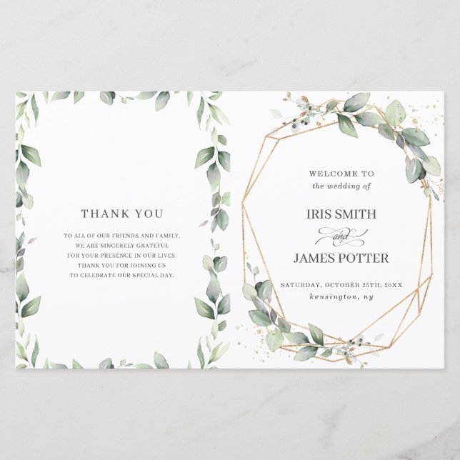 Chic Greenery Geometric Folded Wedding Program  (Front)