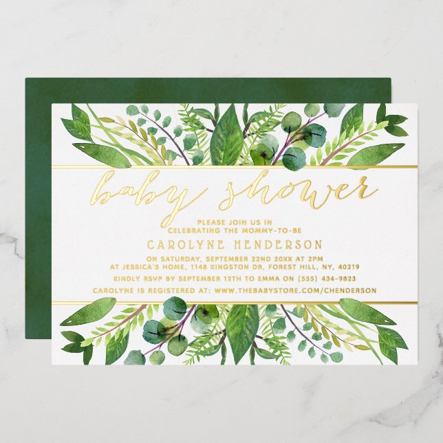 Chic Greenery & Gold Foil Neutral Baby Shower Real (Front/Back)