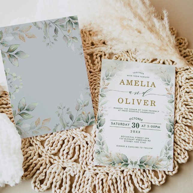 Chic Greenery Gold Leafy Eucalyptus Garden Wedding Invitation (Creator Uploaded)