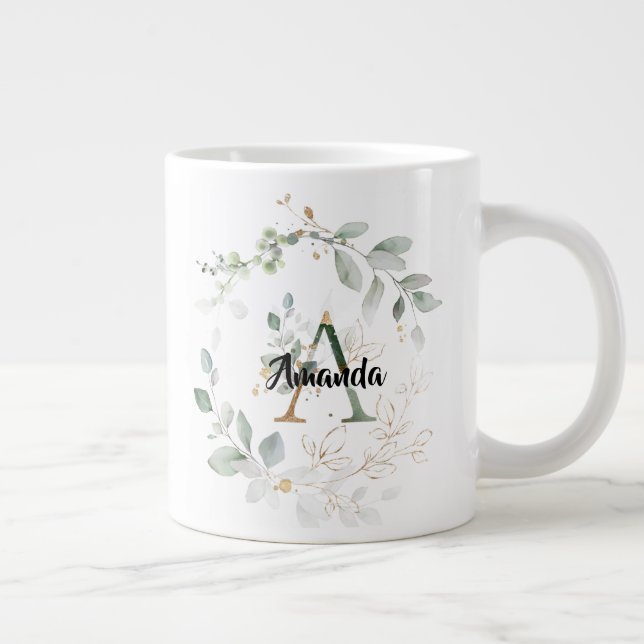 Chic Greenery & Gold Monogram Initial "A" w/name Large Coffee Mug (Right)
