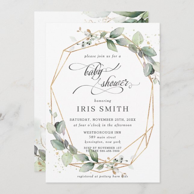 Chic Greenery Leafy Foliage Baby Shower Geometric Invitation (Front/Back)