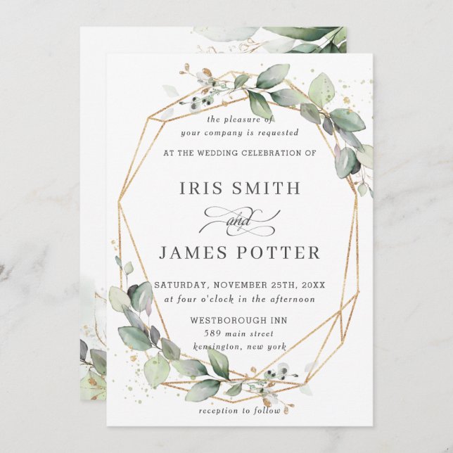 Chic Greenery Leafy Foliage Wedding Geometric Invitation (Front/Back)