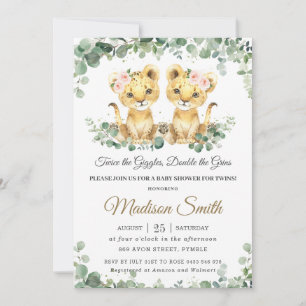 Chic Greenery Lion Cubs Twins Girls Baby Shower Invitation