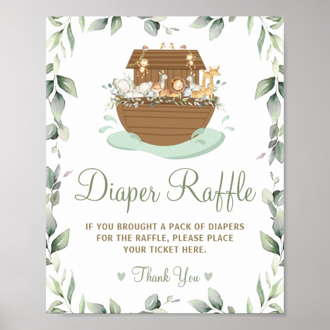 Chic Greenery Noah's Ark Baby Shower Diaper Raffle Poster (Front)