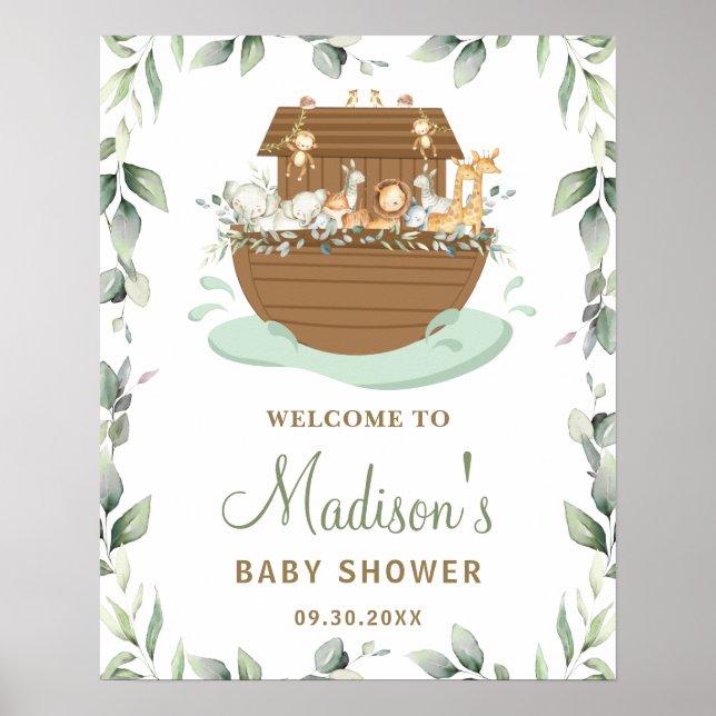 Chic Greenery Noah's Ark Baby Shower Welcome Sign (Front)