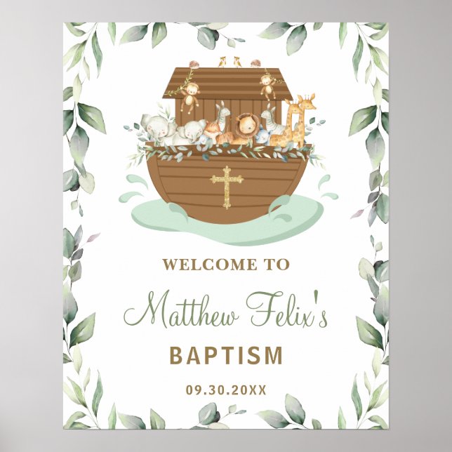 Chic Greenery Noah's Ark Baptism Welcome Poster (Front)