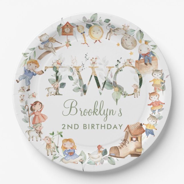 Chic Greenery Nursery Rhyme 2nd Birthday Neutral Paper Plate (Front)