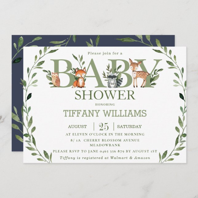 Chic Greenery Rustic Woodland Animals Baby Shower Invitation (Front/Back)