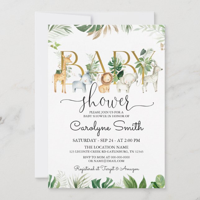 Chic Greenery Safari Animals Baby Shower Invitation (Front)