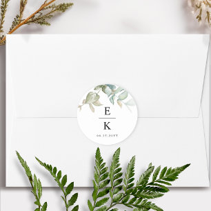 Chic Greenery Wedding Monogram Envelope Seal/Favou Classic Round Sticker