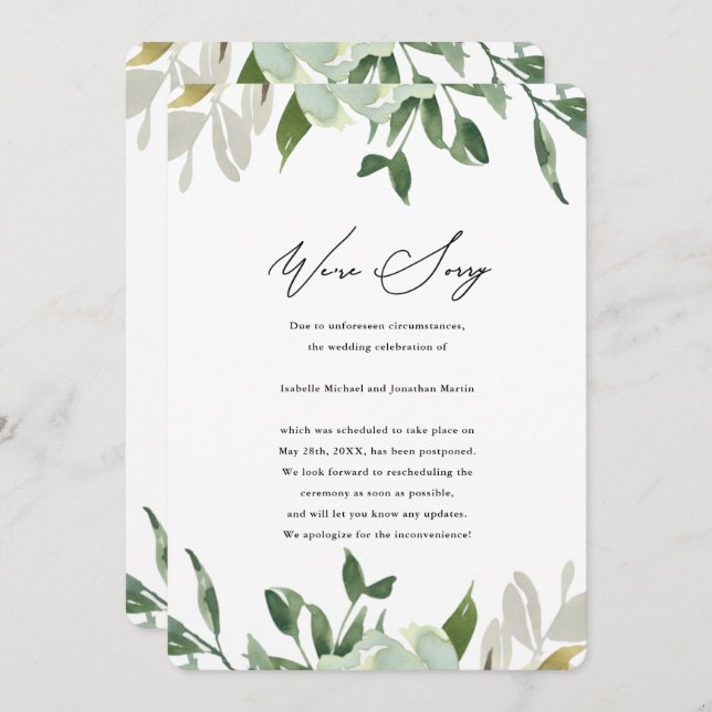 Chic Greenery Wedding Postponement Announcement (Front/Back)