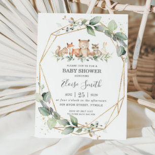 Chic Greenery Woodland Animals Baby Shower Neutral Invitation