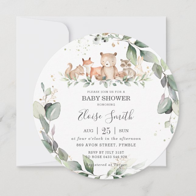 Chic Greenery Woodland Animals Baby Shower Neutral Invitation (Front)